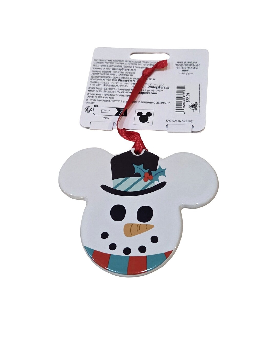 Disney Parks Mickey Mouse Snowman Ceramic Holiday Ornament NEW